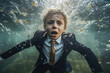 Submerged Surprise: Boy's Startled Expression Amidst Underwater Chaos