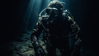 Wall Mural - One army soldier diving into underwater danger with scuba equipment generated by AI