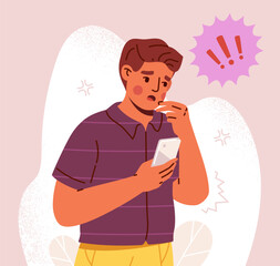 shocked man with phone. concept of bad news in social networks. psychology and mental health. young 