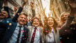 A happy diverse team of startup business people celebrate their business success amidst confetti.