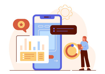 User experience concept. Woman near smartphone. Front end developer with mobile application. IT specialist and programmer. Graphic element for website. Cartoon flat vector illustration
