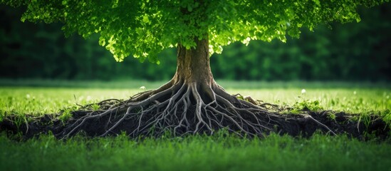 Trees root in green grass