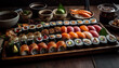 Gourmet seafood meal sushi, sashimi, and nigiri on wooden plate generated by AI