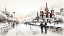 Winter Scene Depicting The Famous St. Basil's Cathedral In Moscow With People And Vintage Vehicles.

