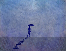 A Girl With An Umbrella Is Seen Standing In The Rain In A Grunge Filled Blue Illustration.