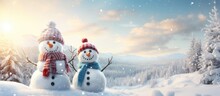 Two Happy Snowman In A Wintery Christmas Scene