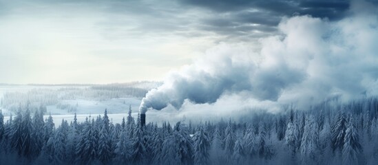 Poster - Smoke from heating sources and industry polluting winter forest