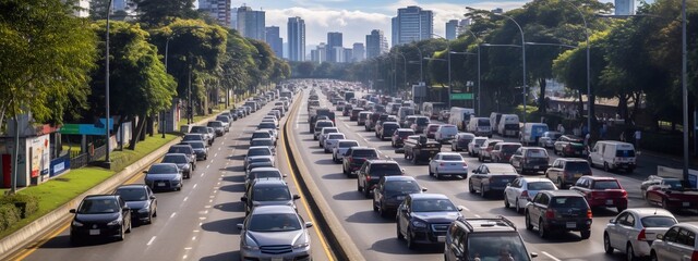 Image of Traffic jam in road. Traffic jam at rush hour. traffic block at road Generative AI