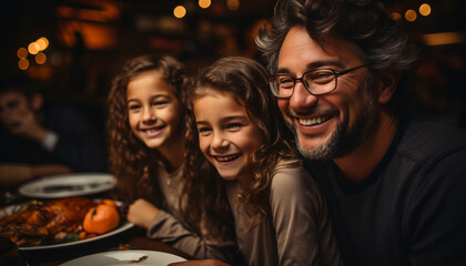 Wall Mural - A joyful family gathering, smiling and enjoying food together generated by AI