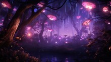 Nighttime Forest Scene With Path Illuminated By Glowing Flora. Fantasy And Enchantment.