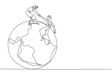 Wall Mural - Single one line drawing Arabian businessman helps colleague climb big globe. Metaphor of reaching top of the world through increasing business. Teamwork. Continuous line design graphic illustration