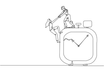 Wall Mural - Single continuous line drawing businesswoman helps colleague climb the big alarm clock. Helping coworkers. Deadline is coming. Work together for better end result. One line design vector illustration