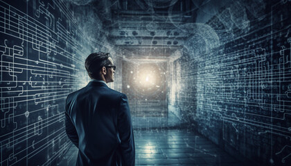 Modern businessman standing in futuristic cityscape, holding glowing computer generated by AI