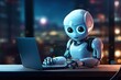 © AI Farm - Futuristic robot typing and learning with laptop, chat bot. Generative AI