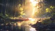 ［AI生成画像］綺麗な川と森、夕方、日没1