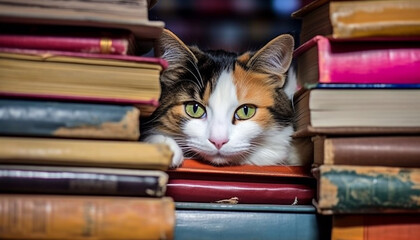 Sticker - Cute kitten studying literature, surrounded by book collection generated by AI