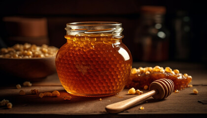 Wall Mural - Fresh organic honey poured from jar with bamboo dipper on table generated by AI