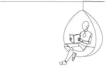 Canvas Print - Continuous one line drawing robot sitting relax in hanging chair reading a book. Spending the weekend reading the favorite fiction story book. Love reading. Single line draw design vector illustration