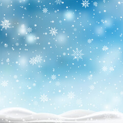 Wall Mural - Christmas, Snowy background with falling snow, snowflakes, snowdrift for winter and new year holidays. Vector