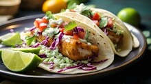 Close Up Of Fresh Fish Tacos With Coleslaw, Avocado, Salsa And Lime Creme In A Flour Tortilla On Blue Plate