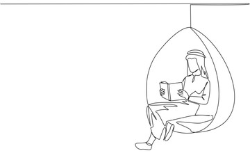 Wall Mural - Single continuous line drawing Arab man sitting relaxed in hanging chair reading a book. Spending the weekend reading the favorite fiction story book. Love reading. One line design vector illustration