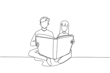 Wall Mural - Single continuous line drawing man woman sitting reading standing book. Enthusiasm that never goes away. Very happy when reading story books. Book festival concept. One line design vector illustration