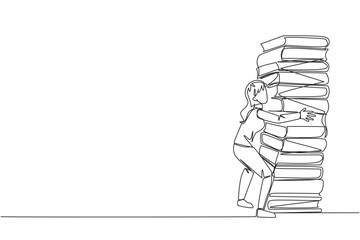 Wall Mural - Continuous one line drawing woman hugging very high pile of books. Hobby to collecting and reading books. Filling free time with useful things. Loving read. Single line draw design vector illustration
