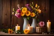 a still image. A wooden background with springtime flowers and candles in a vase, as well as the idea of interior elements, make this homey and lovely