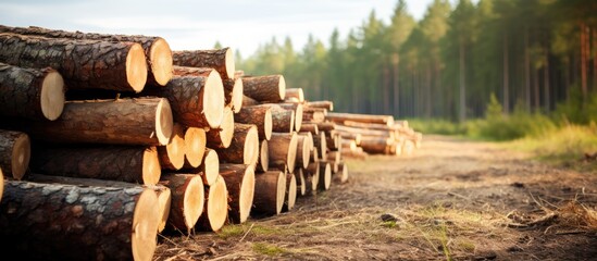 Poster - Deforestation harm shown by fresh pine logs stacked on road