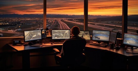 Fototapete - Man working as air traffic controller in airport control tower, Air traffic controllers.