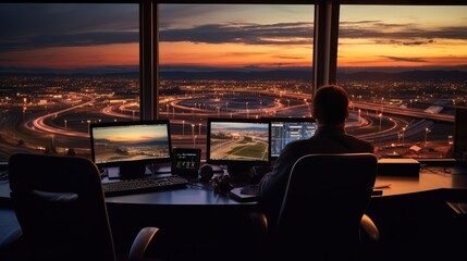 Fototapete - Man working as air traffic controller in airport control tower, Air traffic controllers.