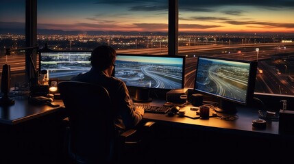 Leinwandbilder - Man working as air traffic controller in airport control tower, Air traffic controllers.
