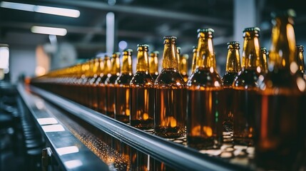 Canvas Print - Brewery conveyor with glass beer drink alcohol bottles, Factory for the production of beer.