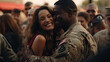 Young girl hugs her military boyfriend, preparing to leave for duty