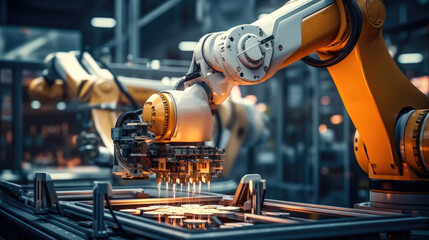 Aufkleber - Industrial machine automatic robotic arm at smart modern factory.