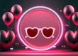 © ImagineWorld - Happy Valentine Day background. Realistic 3d stage podium, round studio, festive decorative objects, heart shaped balloons. Ai generated.