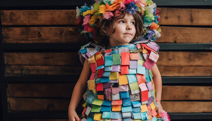 Poster - Cute Caucasian toddler girl playing with multi colored toy outdoors generated by AI