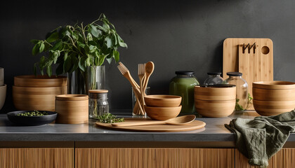 Sticker - Rustic ceramics collection on wooden shelf in domestic kitchen generated by AI