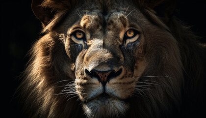 Poster - Majestic lion staring, focus on foreground, beauty in nature strength generated by AI