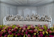 BANGKOK, THAILAND – OCTOBER 26, 2023: A Marble Statue With Carving Of The Last Supper In St.Theresa Catholic Church NongChok, Thailand.