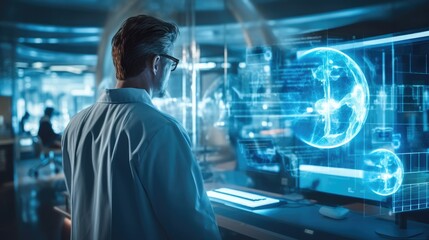 Poster - Male doctor working in a futuristic hospital with medical high tech healthcare, Diagnostic analysis on monitor.