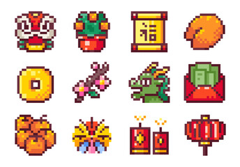 Wall Mural - Pixel Art Y2K Chinese New Year Set. 8bit Dragon, Blessing Scroll, Coin, Fortune Telling Cookie, Red Envelope, Firework, Chinese Lantern. Retro Arcade Game Icons, Stickers, Sprites and Avatars.	