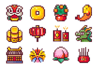 Sticker - Pixel Art Lunar Korean Chinese New Year Holidays Set. 8bit Retro Style Asian Dragon Mask, Koi Fish, Stack of Coins, Temple, Celebration Fireworks, Peach, Incense Burner for emoji, stickers or badges.	