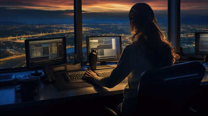 Fototapete - Air traffic controllers, Woman working as air traffic controller in airport control tower.