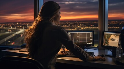 Fototapete - Air traffic controllers, Woman working as air traffic controller in airport control tower.