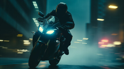 Poster - Motorcycle Speeding Down Road at Night.