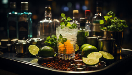 Canvas Print - Refreshing mojito cocktail with lime, lemon, and mint leaf generated by AI