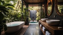 Semi Out Door Bathroom Of Luxury Villa, Accents Of Balinese, Wooden Features.