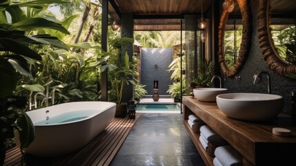 Wall Mural - semi out door bathroom of luxury villa, accents of balinese, wooden features.