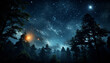 Mysterious night sky illuminates tranquil snowy forest with glowing stars generated by AI